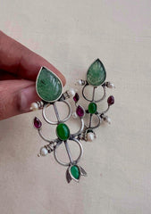 Carved green jade earrings with kemp pink & green stone-Earrings-CI-House of Taamara