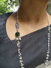 Carved green stone with nakash & pearls side mope long chain-Silver Neckpiece-CI-House of Taamara