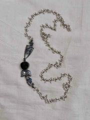 Carved green stone with nakash & pearls side mope long chain-Silver Neckpiece-CI-House of Taamara