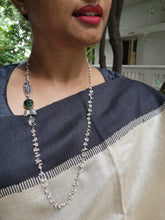 Carved green stone with nakash & pearls side mope long chain-Silver Neckpiece-CI-House of Taamara