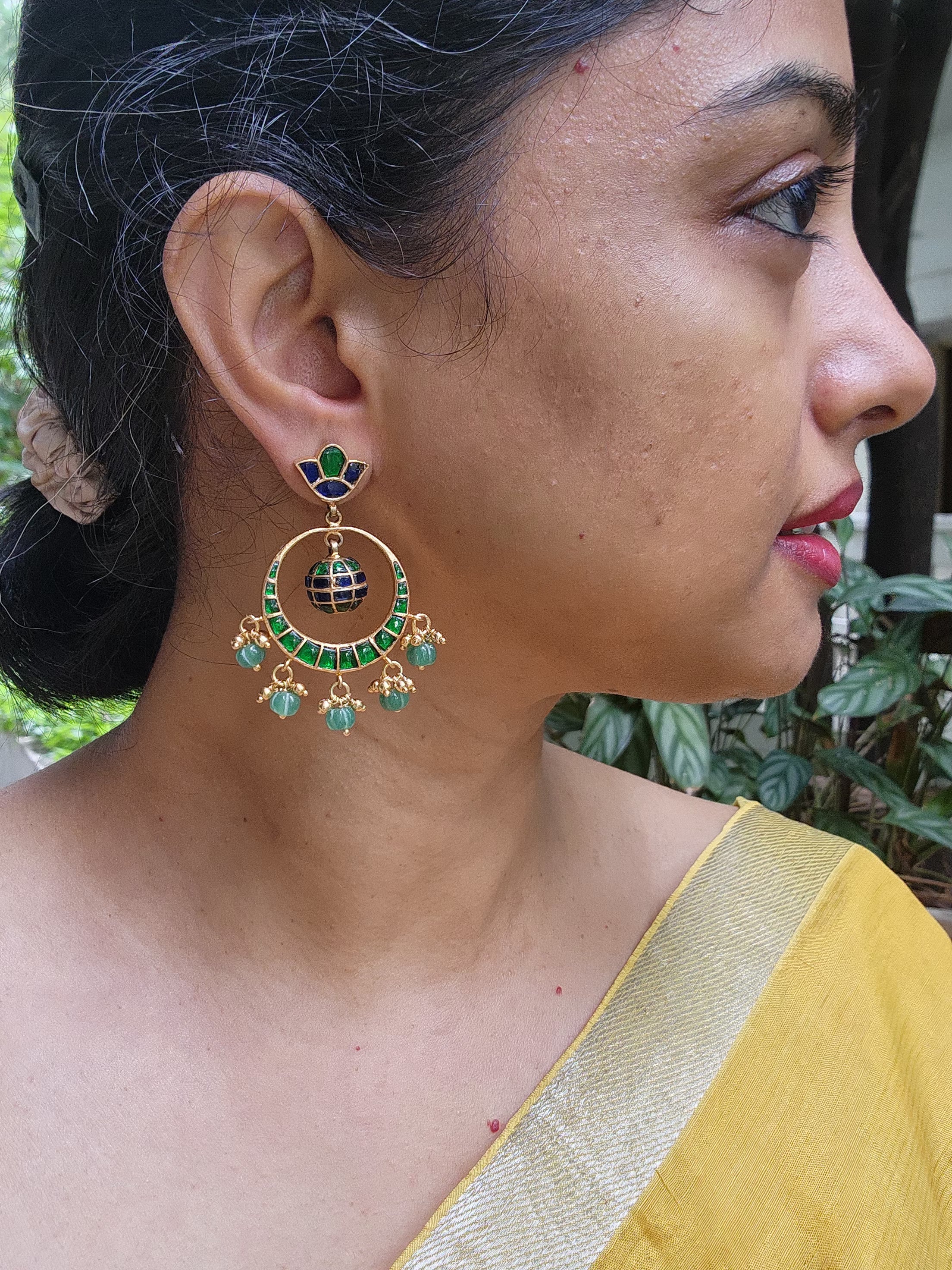 Chaand blue earrings with green pumpkin beads-Earrings-PL-House of Taamara
