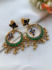 Chaand blue & green kundan with pearls-Earrings-PL-House of Taamara