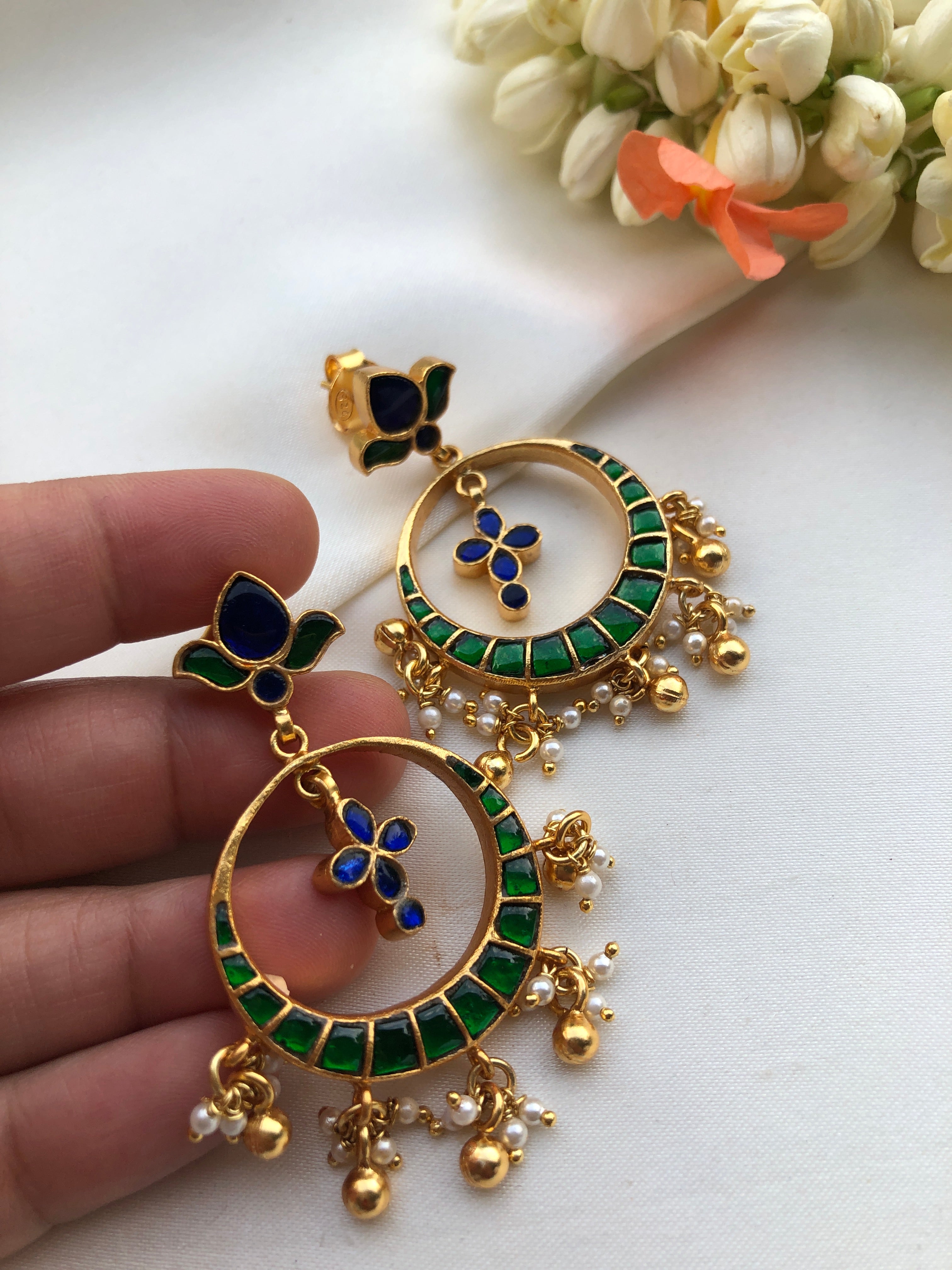Chaand blue & green kundan with pearls-Earrings-PL-House of Taamara