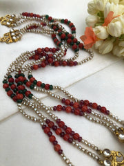 Coral & Green kundan with pearls pendant with multi bead chain-Silver Neckpiece-pl-House of Taamara