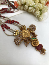 Coral & Green kundan with pearls pendant with multi bead chain-Silver Neckpiece-pl-House of Taamara