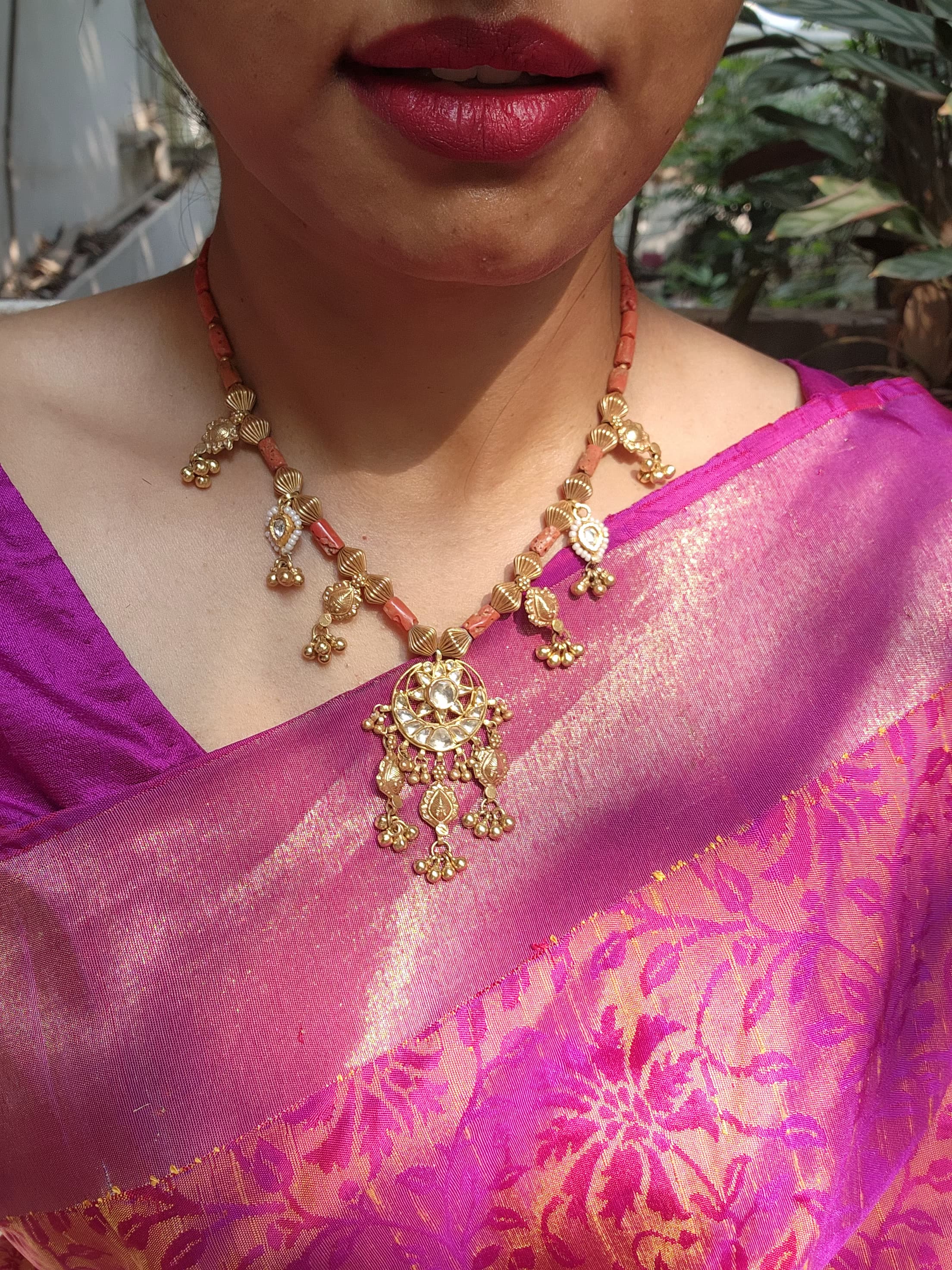 Coral and antique pieces with kundan necklace-Silver Neckpiece-PL-House of Taamara