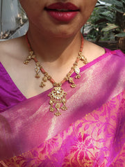 Coral and antique pieces with kundan necklace-Silver Neckpiece-PL-House of Taamara