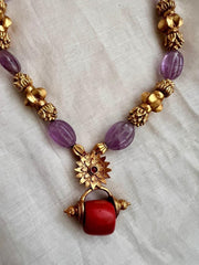 Coral bead pendant with amethyst & gold nakshi beads chain-Silver Neckpiece-CI-House of Taamara