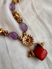 Coral bead pendant with amethyst & gold nakshi beads chain-Silver Neckpiece-CI-House of Taamara