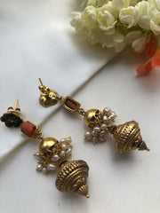 Coral flower earrings with antique style bead drops-Earrings-PL-House of Taamara