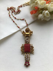Coral & kundan ruby pendant with coral chain-Silver Neckpiece-PL-House of Taamara