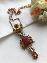 Coral & kundan ruby pendant with coral chain-Silver Neckpiece-PL-House of Taamara