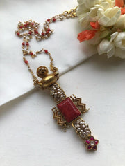Coral & kundan ruby pendant with coral chain-Silver Neckpiece-PL-House of Taamara