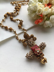 Coral pendant with kundan & pearls bunch with antique style beads mala-Silver Neckpiece-PL-House of Taamara