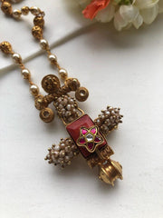 Coral pendant with kundan & pearls bunch with antique style beads mala-Silver Neckpiece-PL-House of Taamara