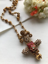 Coral pendant with kundan & pearls bunch with antique style beads mala-Silver Neckpiece-PL-House of Taamara