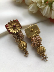 Coral with flower, pearls bunch & bead earrings-Earrings-PL-House of Taamara