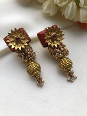 Coral with flower, pearls bunch & bead earrings-Earrings-PL-House of Taamara