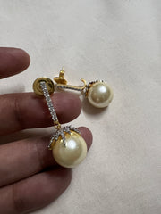 Cream pearls with zircon leaf earrings-Earrings-PL-House of Taamara