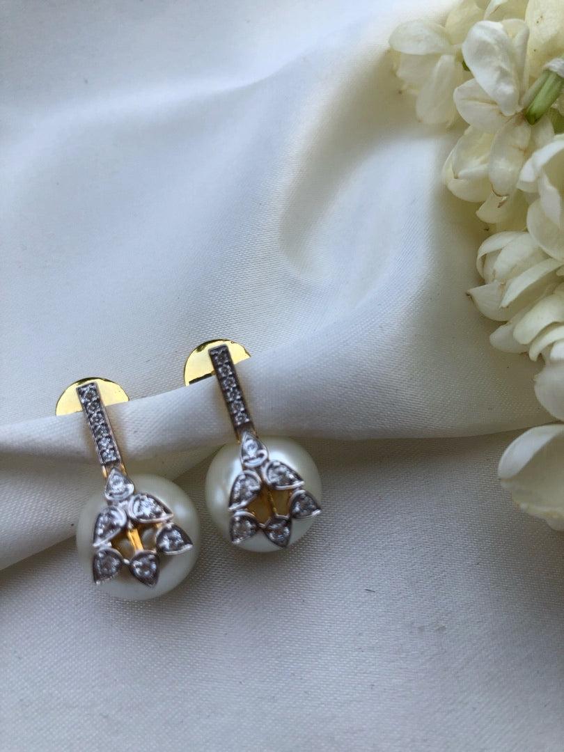 Cultured Off white pearls with flower & zircon earrings-Earrings-PL-House of Taamara