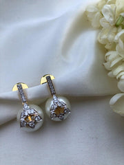 Cultured Off white pearls with flower & zircon earrings-Earrings-PL-House of Taamara