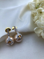 Cultured Rose gold pearls with flower & zircon earrings-Earrings-PL-House of Taamara