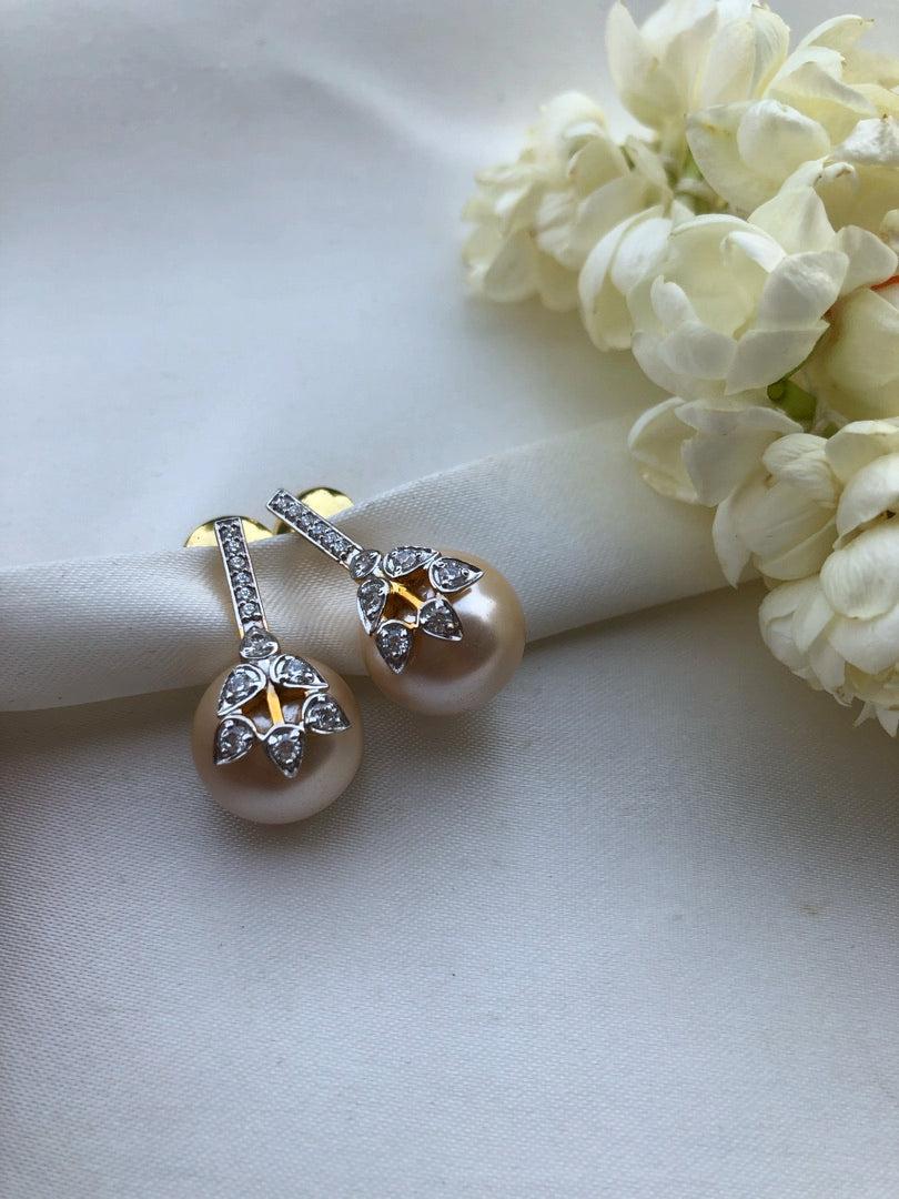 Cultured Rose gold pearls with flower & zircon earrings-Earrings-PL-House of Taamara