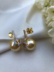 Cultured cream pearls with flower & zircon earrings-Earrings-PL-House of Taamara