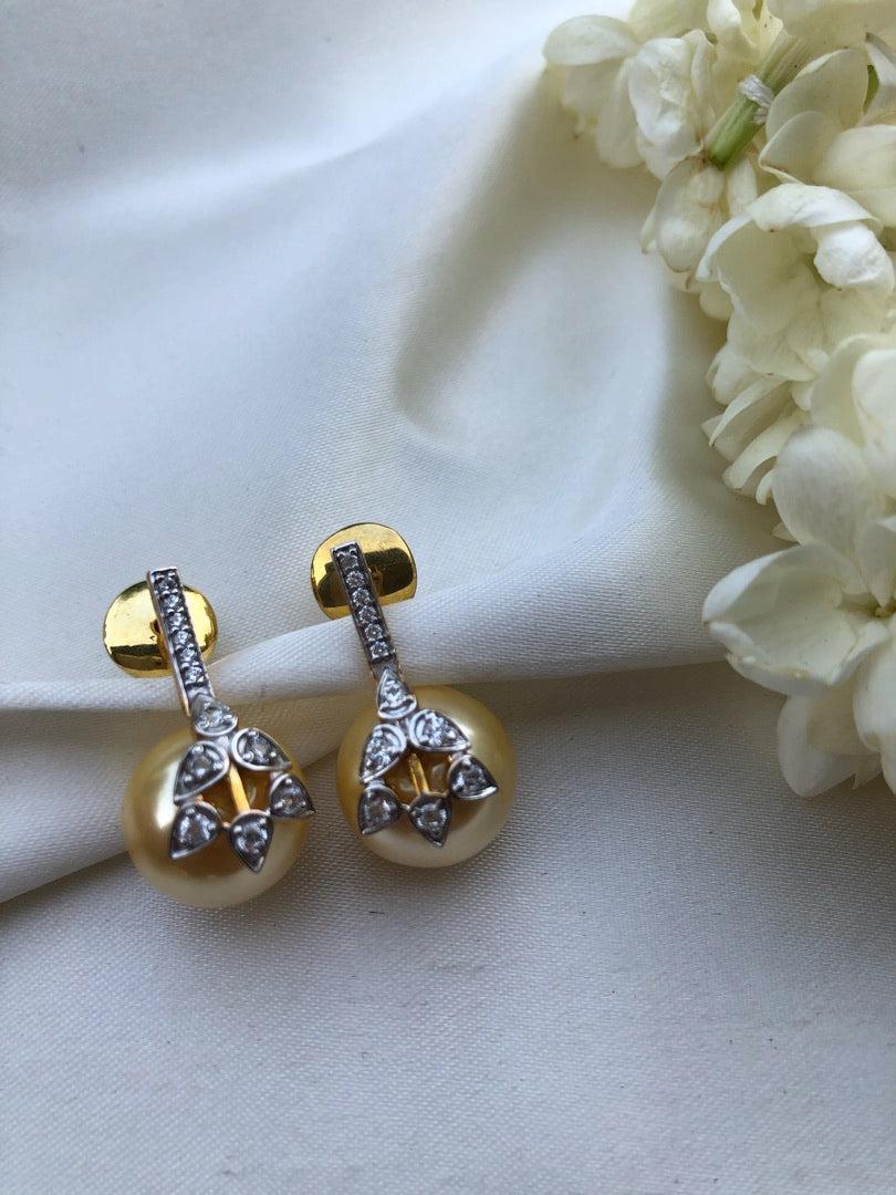 Cultured cream pearls with flower & zircon earrings-Earrings-PL-House of Taamara