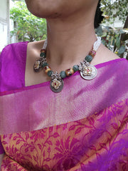 Dual tone antique style pendants stringed with pearls, jade and navrathan beads-Silver Neckpiece-CI-House of Taamara