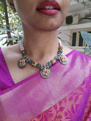 Dual tone antique style pendants stringed with pearls, jade and navrathan beads-Silver Neckpiece-CI-House of Taamara