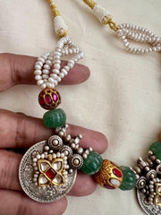 Dual tone antique style pendants stringed with pearls, jade and navrathan beads-Silver Neckpiece-CI-House of Taamara