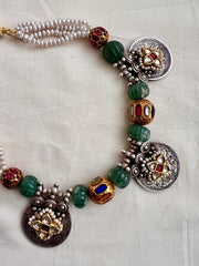 Dual tone antique style pendants stringed with pearls, jade and navrathan beads-Silver Neckpiece-CI-House of Taamara