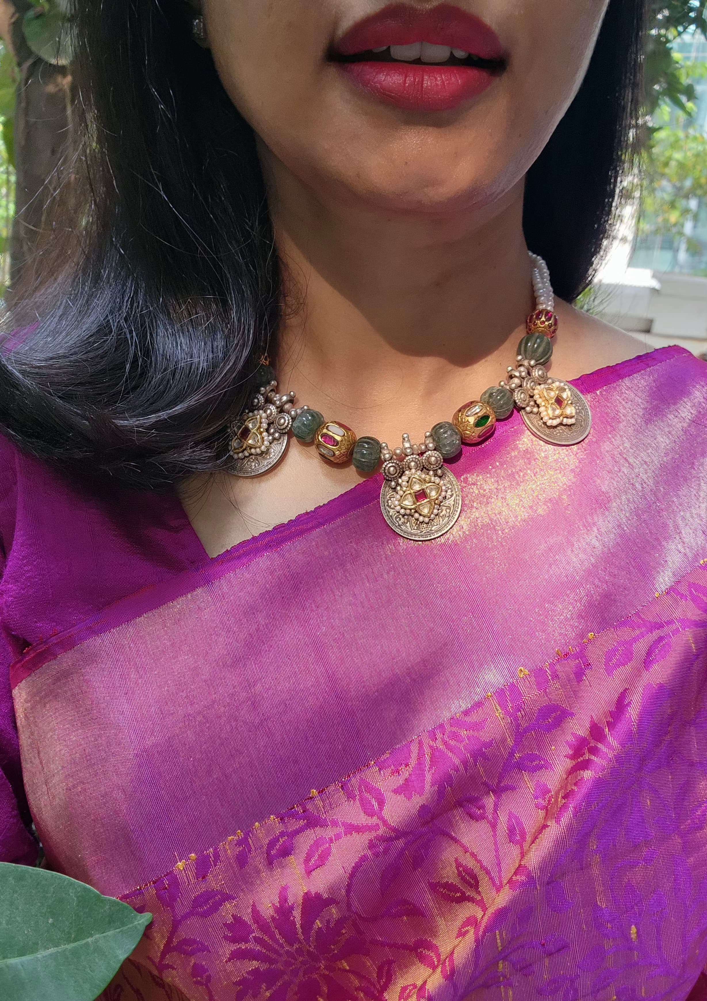 Dual tone antique style pendants stringed with pearls, jade and navrathan beads-Silver Neckpiece-CI-House of Taamara