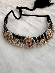 Dual tone black threaded necklace with kundan motifs-Silver Neckpiece-CI-House of Taamara