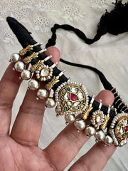 Dual tone black threaded necklace with kundan motifs-Silver Neckpiece-CI-House of Taamara