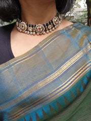 Dual tone black threaded necklace with kundan motifs-Silver Neckpiece-CI-House of Taamara