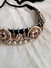 Dual tone black threaded necklace with kundan motifs-Silver Neckpiece-CI-House of Taamara