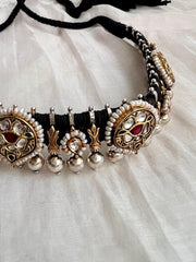 Dual tone black threaded necklace with kundan motifs-Silver Neckpiece-CI-House of Taamara