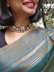 Dual tone black threaded necklace with kundan motifs-Silver Neckpiece-CI-House of Taamara