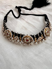 Dual tone black threaded necklace with kundan motifs-Silver Neckpiece-CI-House of Taamara