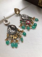 Dual tone earrings with kundan & green beads-Earrings-PL-House of Taamara