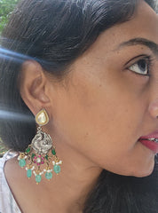 Dual tone earrings with kundan & green beads-Earrings-PL-House of Taamara