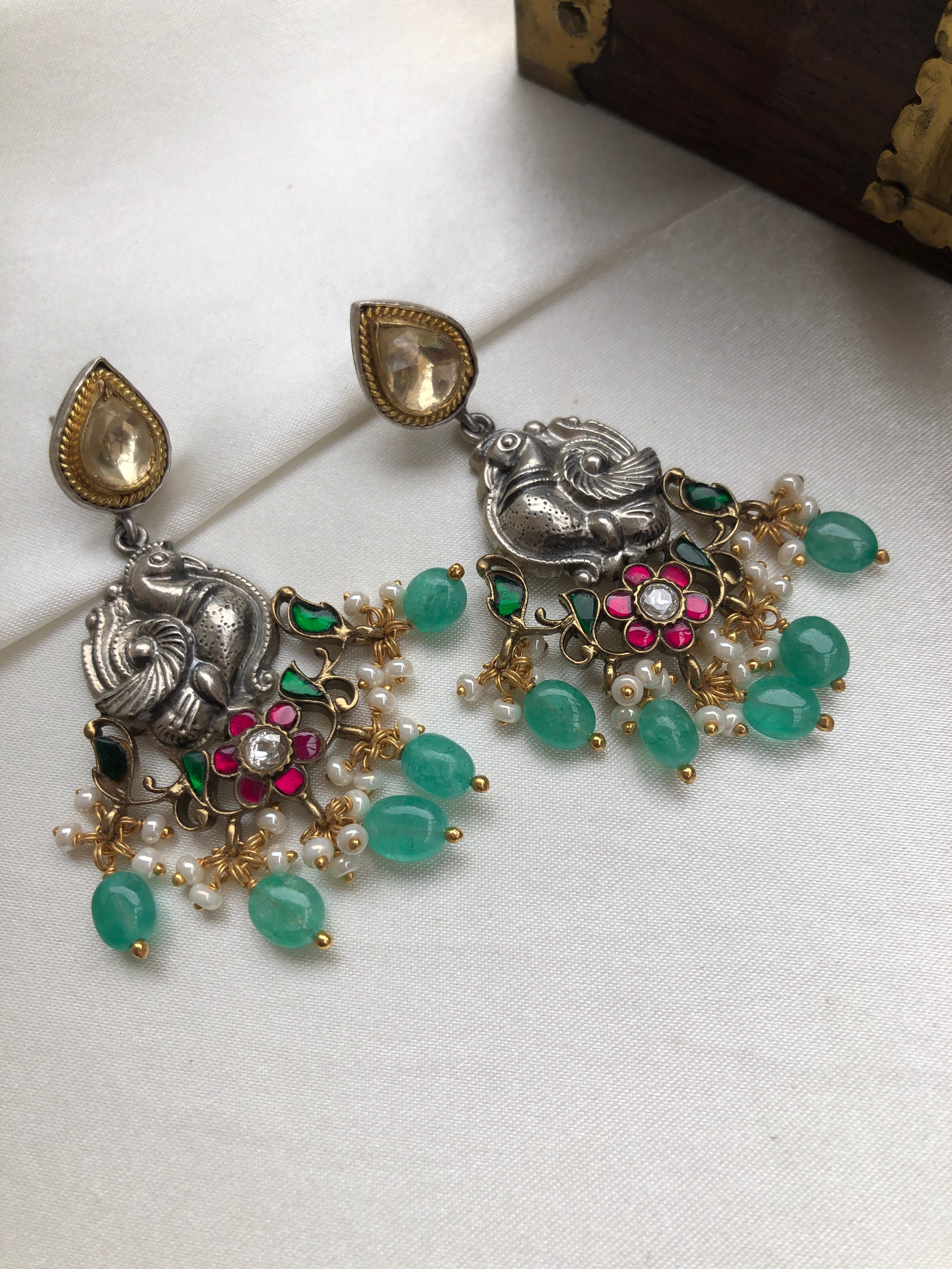Dual tone earrings with kundan & green beads-Earrings-PL-House of Taamara