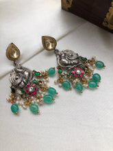 Dual tone earrings with kundan & green beads-Earrings-PL-House of Taamara