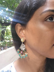 Dual tone earrings with kundan & green beads-Earrings-PL-House of Taamara