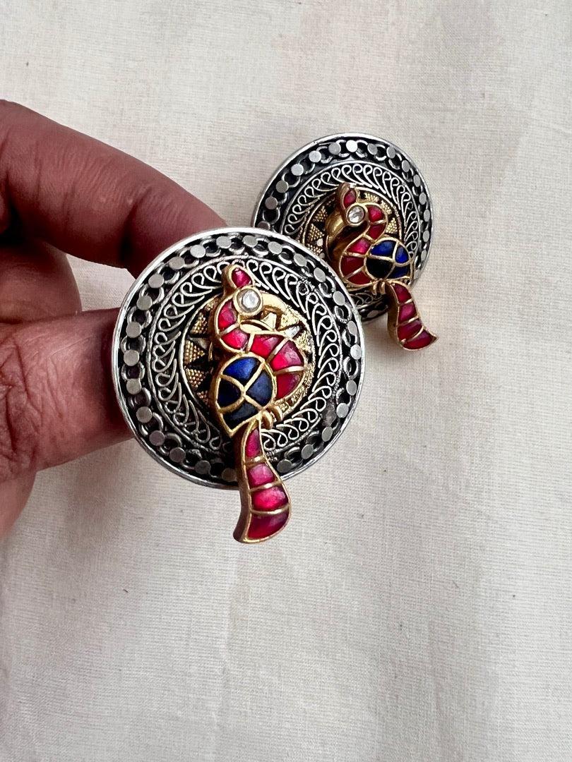 Dual tone kundan peacock studs-Earrings-CI-House of Taamara
