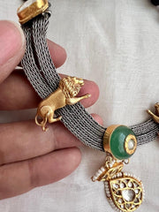 Dual tone necklace with cow motif and kundan inlay work pendant-Silver Neckpiece-CI-House of Taamara