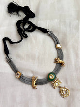 Dual tone necklace with cow motif and kundan inlay work pendant-Silver Neckpiece-CI-House of Taamara