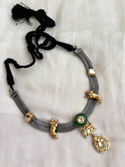 Dual tone necklace with cow motif and kundan inlay work pendant-Silver Neckpiece-CI-House of Taamara